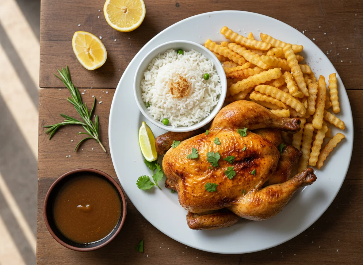 Pollo asado con patatas fritas y arroz photo