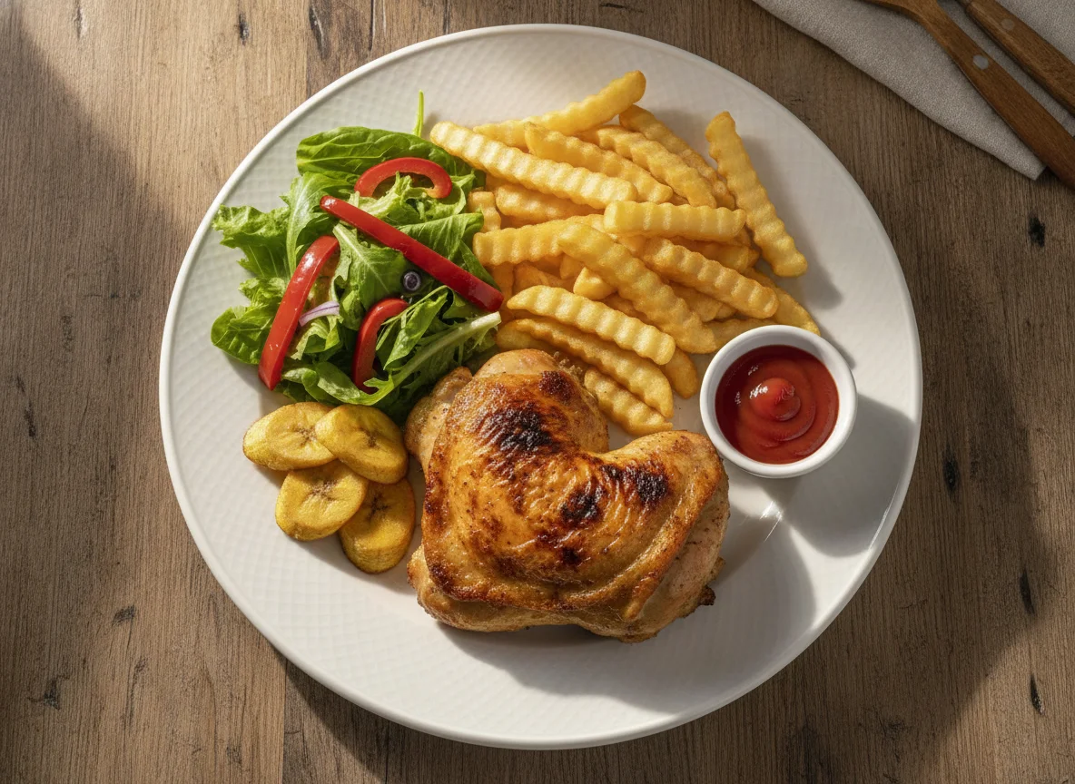 Pollo asado con patatas fritas y ensalada photo