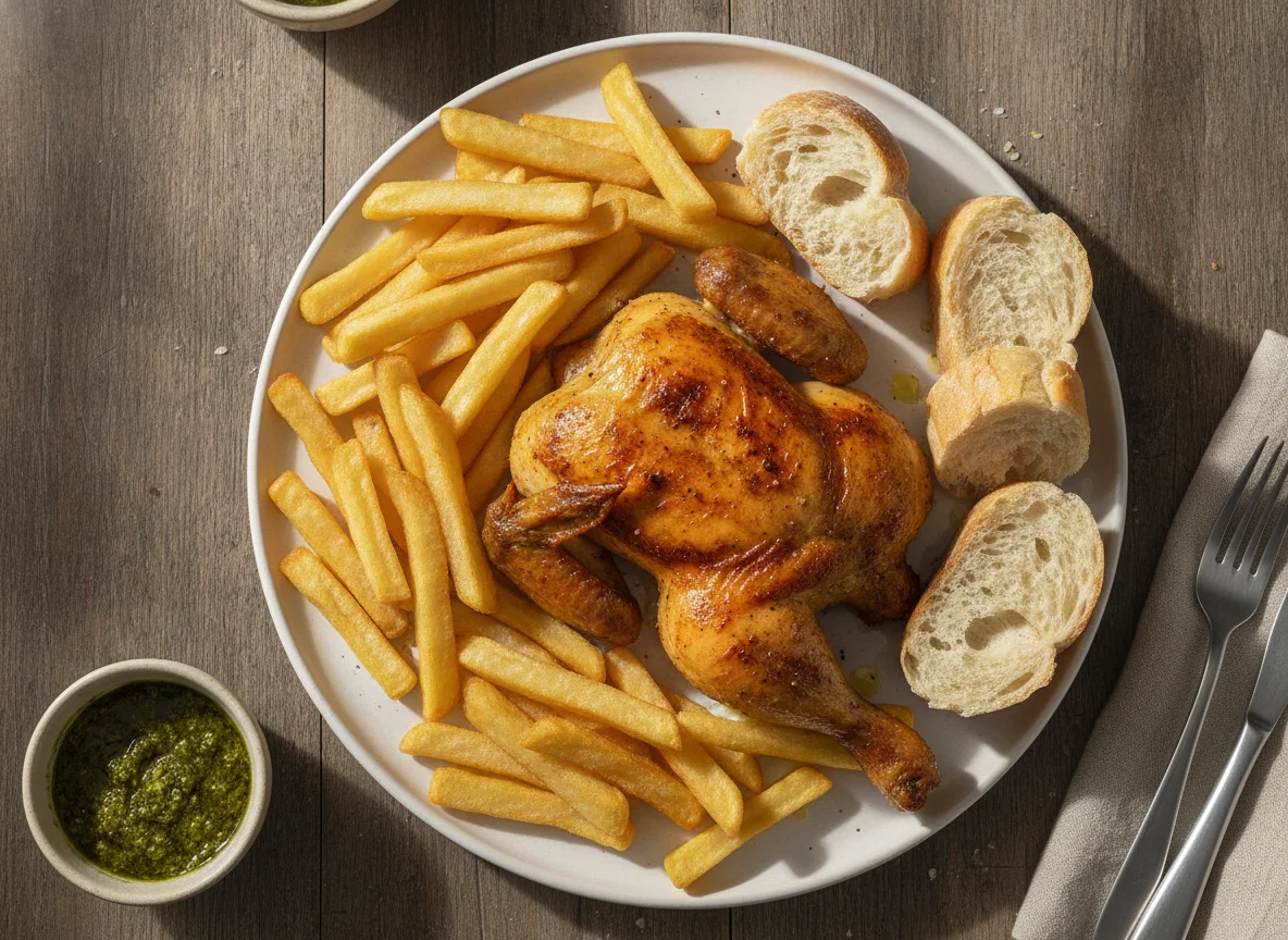 Pollo asado con patatas fritas y pan photo