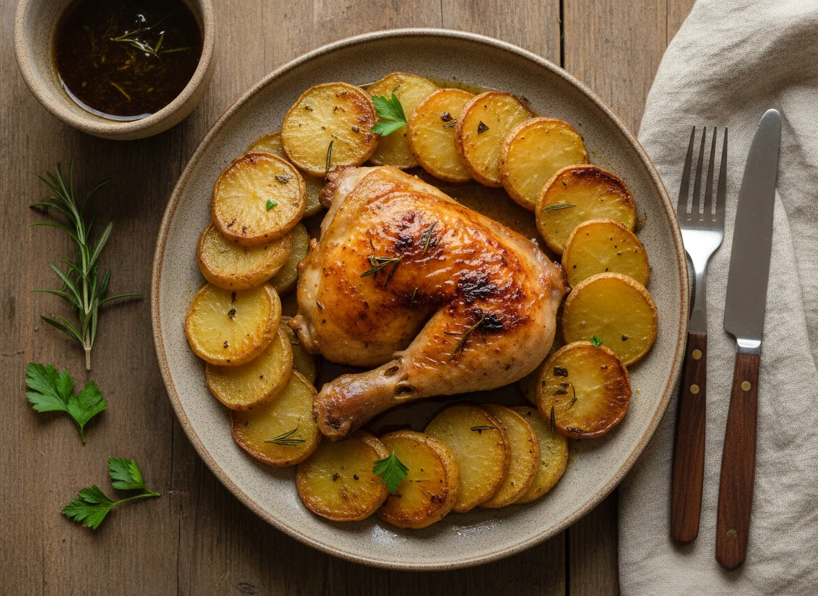 Pollo asado con patatas panadera photo