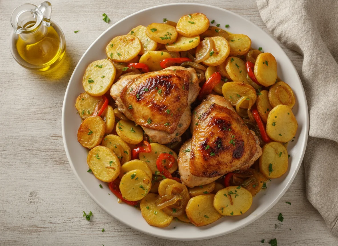 Pollo asado con patatas panaderas photo