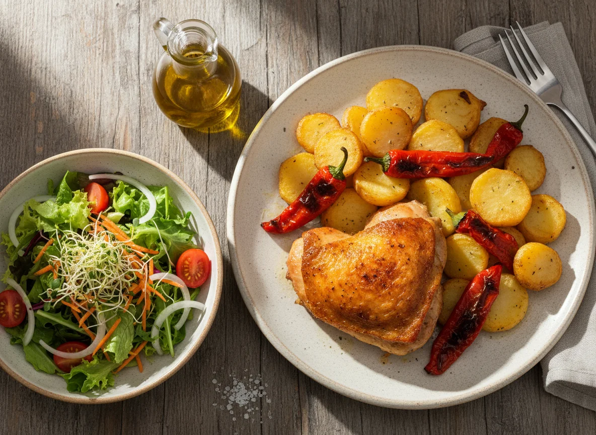 Pollo asado con patatas panaderas y ensalada mixta photo