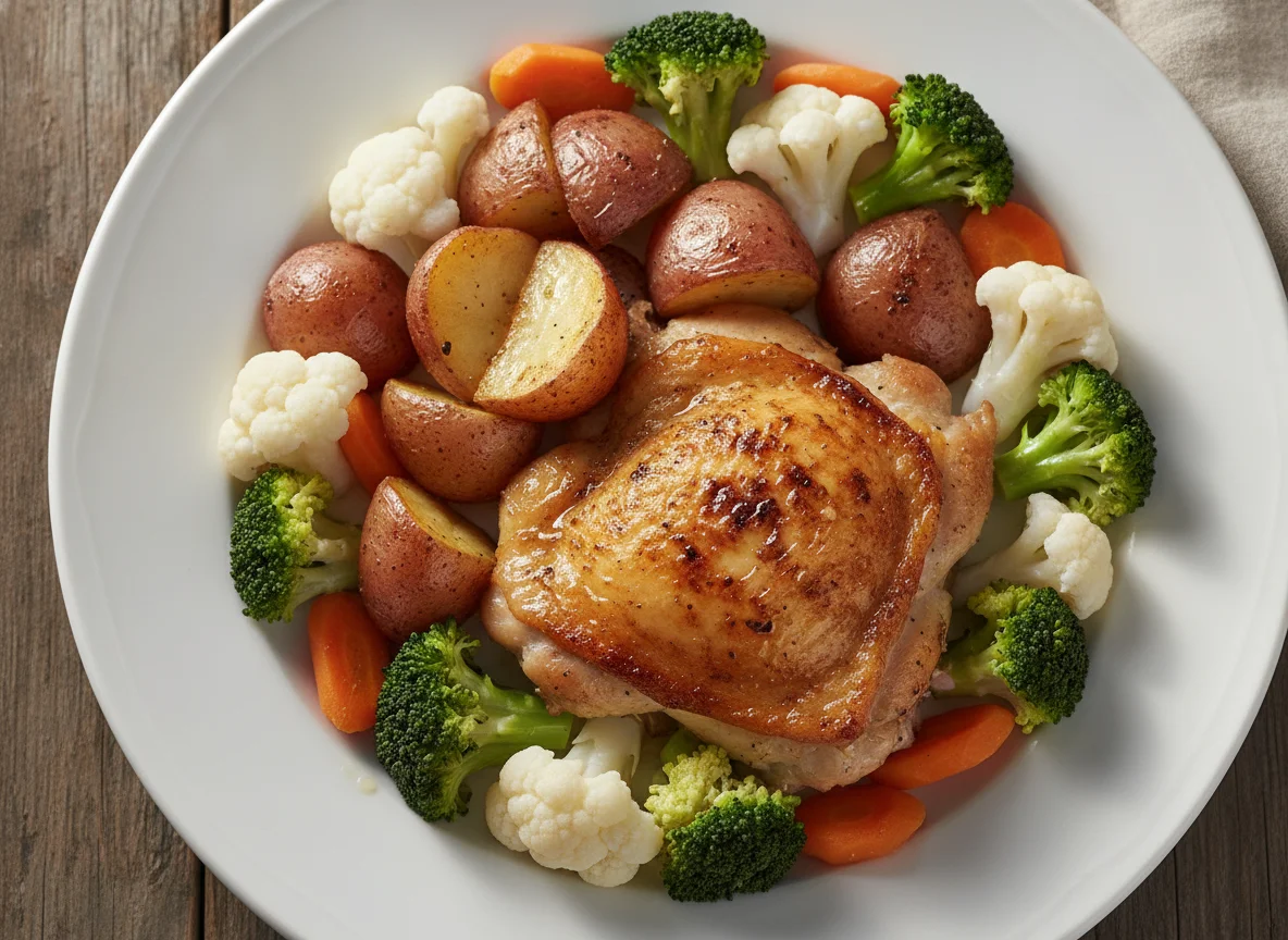 Pollo asado con patatas rojas y verduras photo