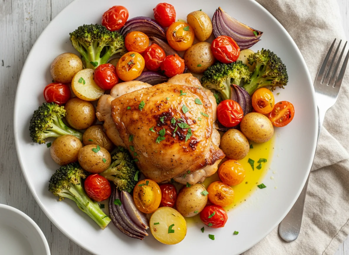 Pollo asado con patatas, tomates cherry y brócoli photo