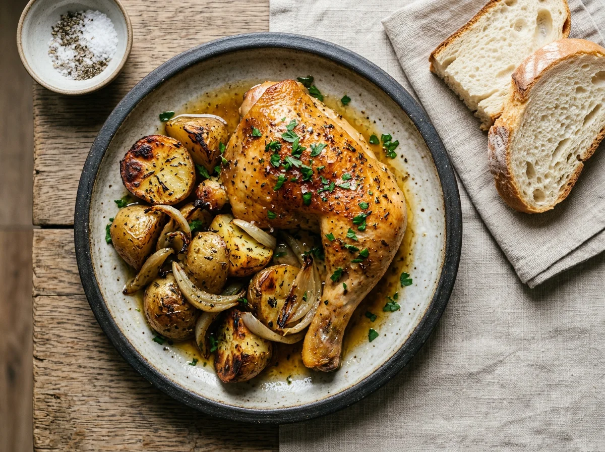 Pollo asado con patatas y cebolla photo