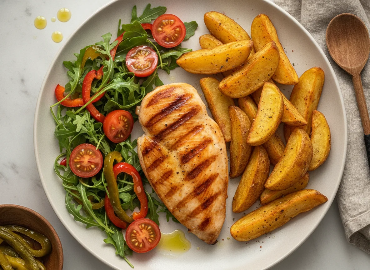 Pollo asado con patatas y ensalada photo