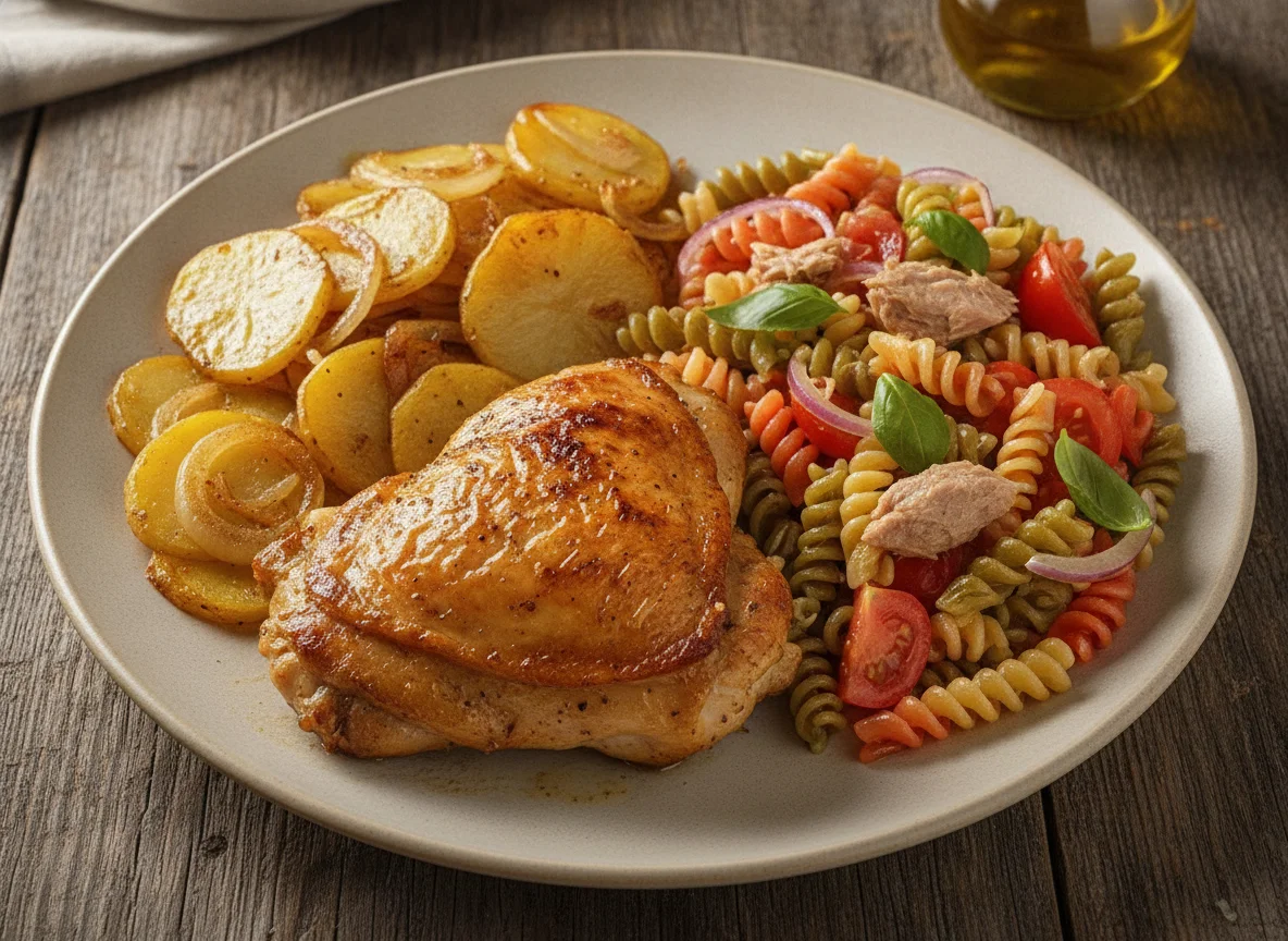 Pollo asado con patatas y ensalada de pasta photo