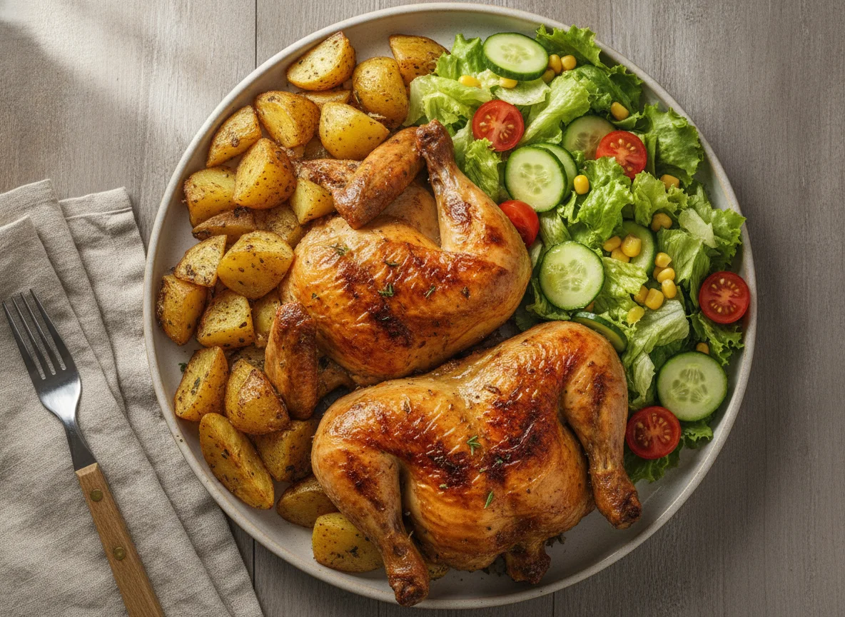 Pollo asado con patatas y ensalada mixta photo