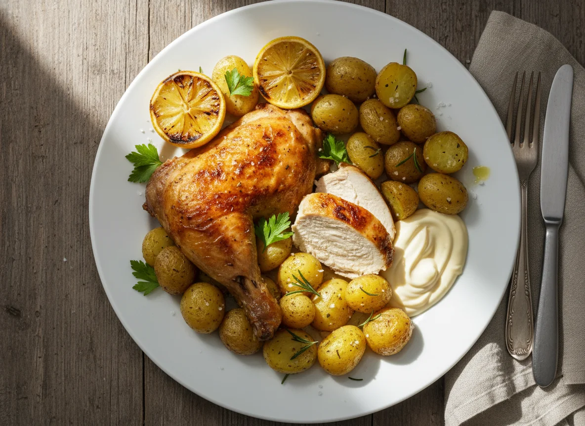 Pollo asado con patatas y mayonesa photo