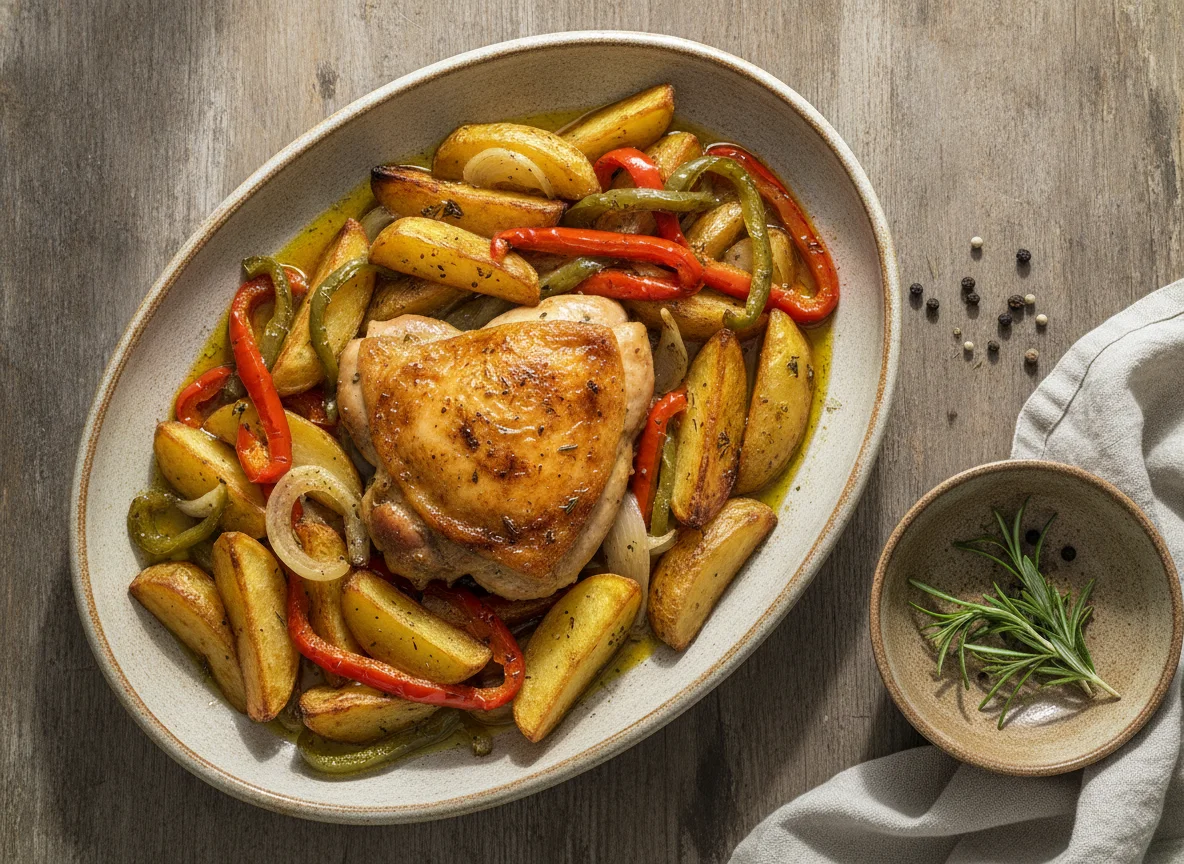 Pollo asado con patatas y pimientos photo
