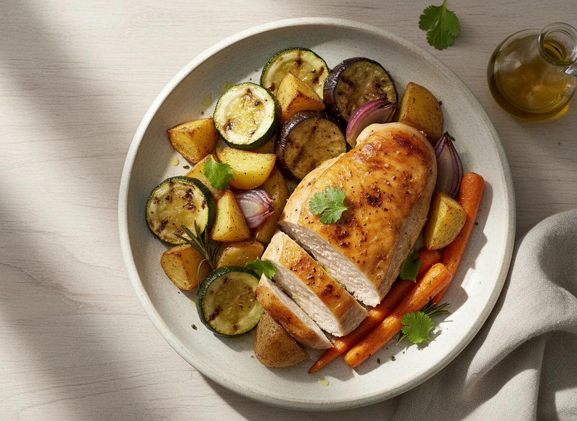 Pollo asado con patatas y verduras photo