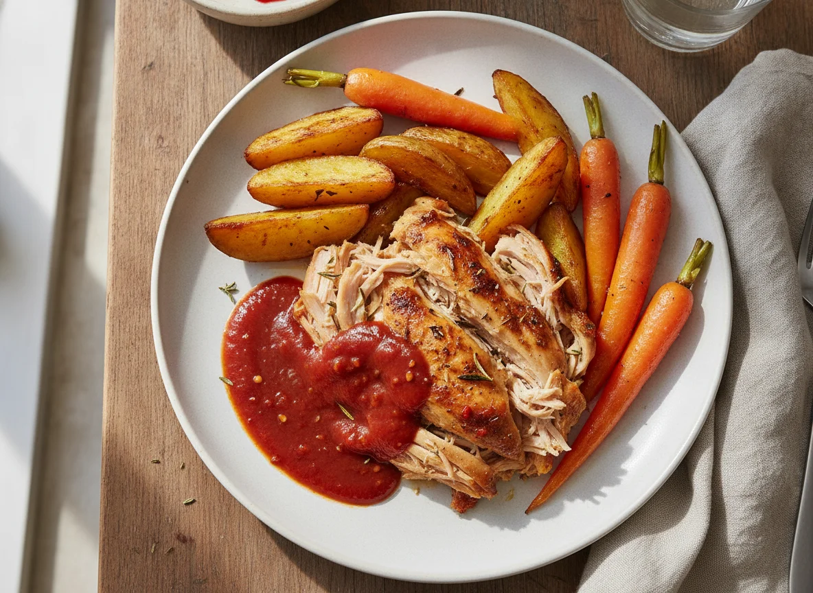 Pollo asado con patatas, zanahorias y salsa de tomate photo