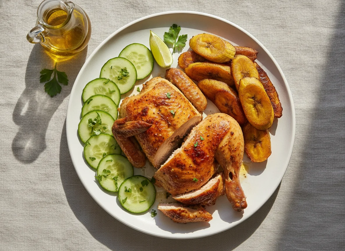 Pollo asado con pepino y plátano cocido photo