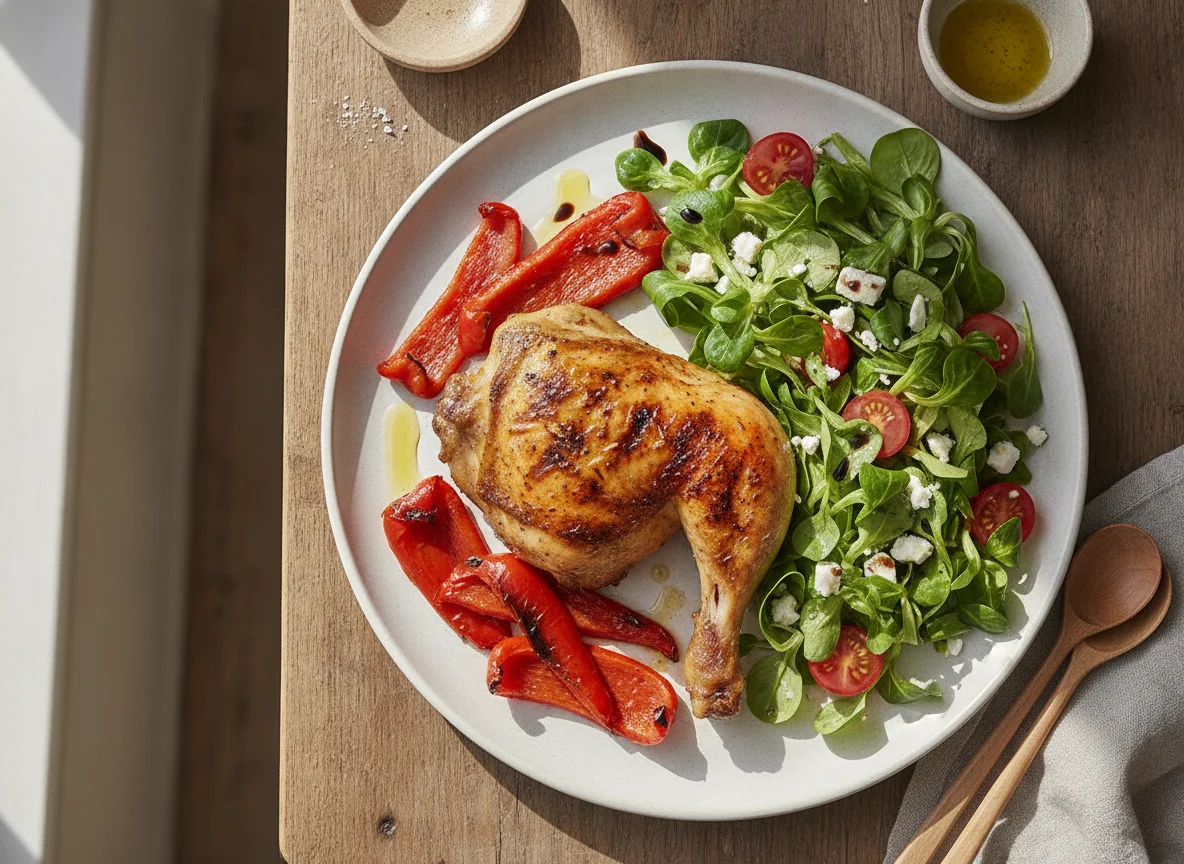 Pollo asado con pimientos y ensalada de canónigos photo