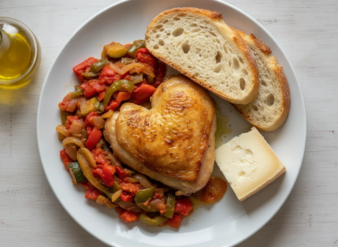 Pollo asado con pisto, pan y queso photo