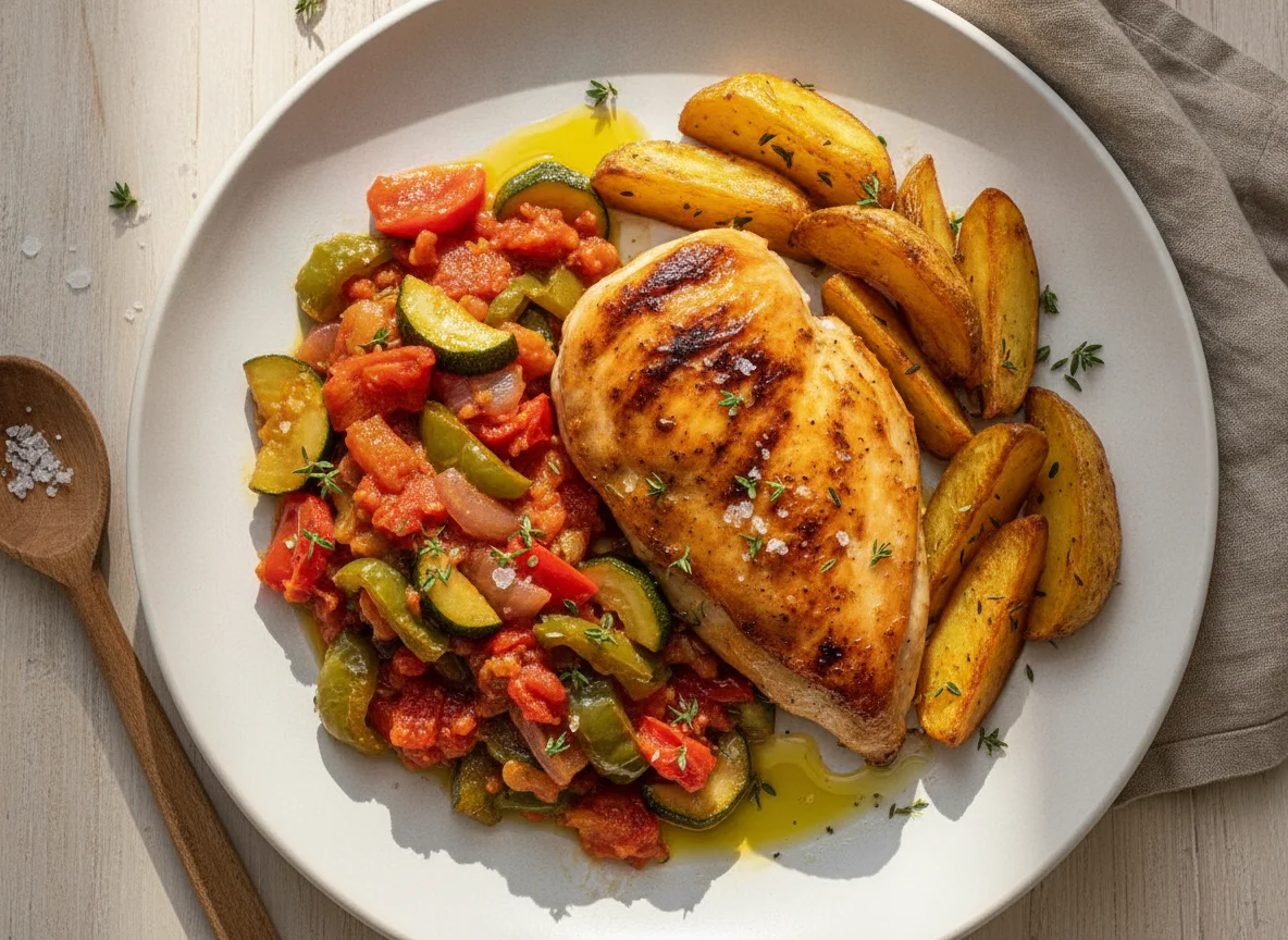 Pollo asado con pisto y patatas photo