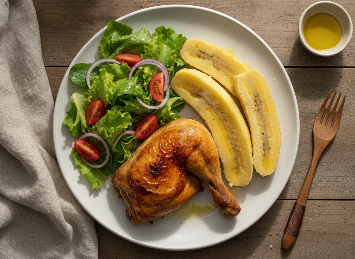 Pollo asado con plátano hervido y ensalada mixta photo