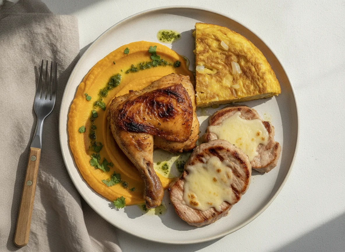Pollo asado con puré de calabaza, lomo y tortilla de patatas photo