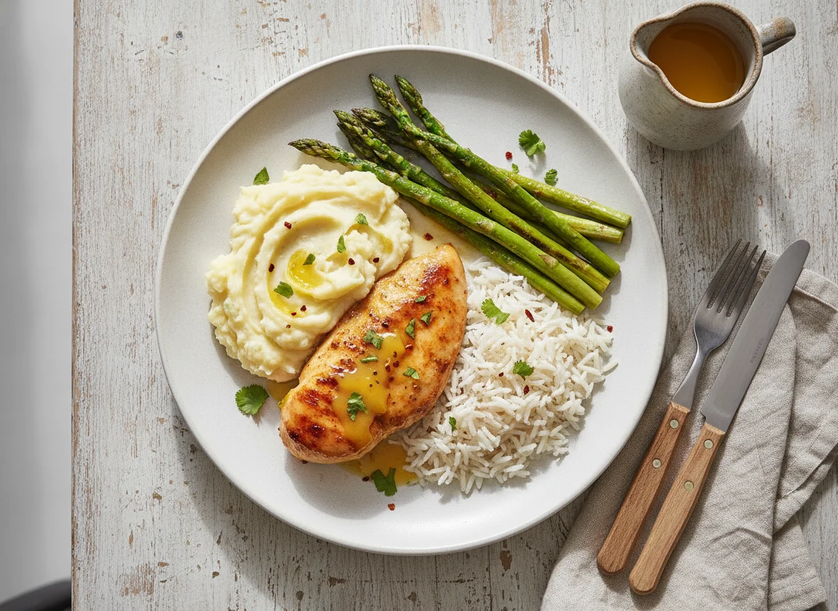 Pollo asado con puré de papa, arroz y espárragos photo