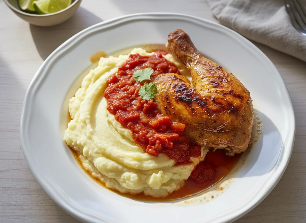Pollo asado con puré de papa y salsa de tomate photo