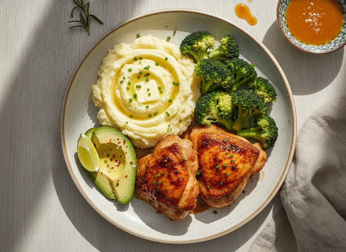 Pollo asado con puré de papas, brócoli y aguacate photo
