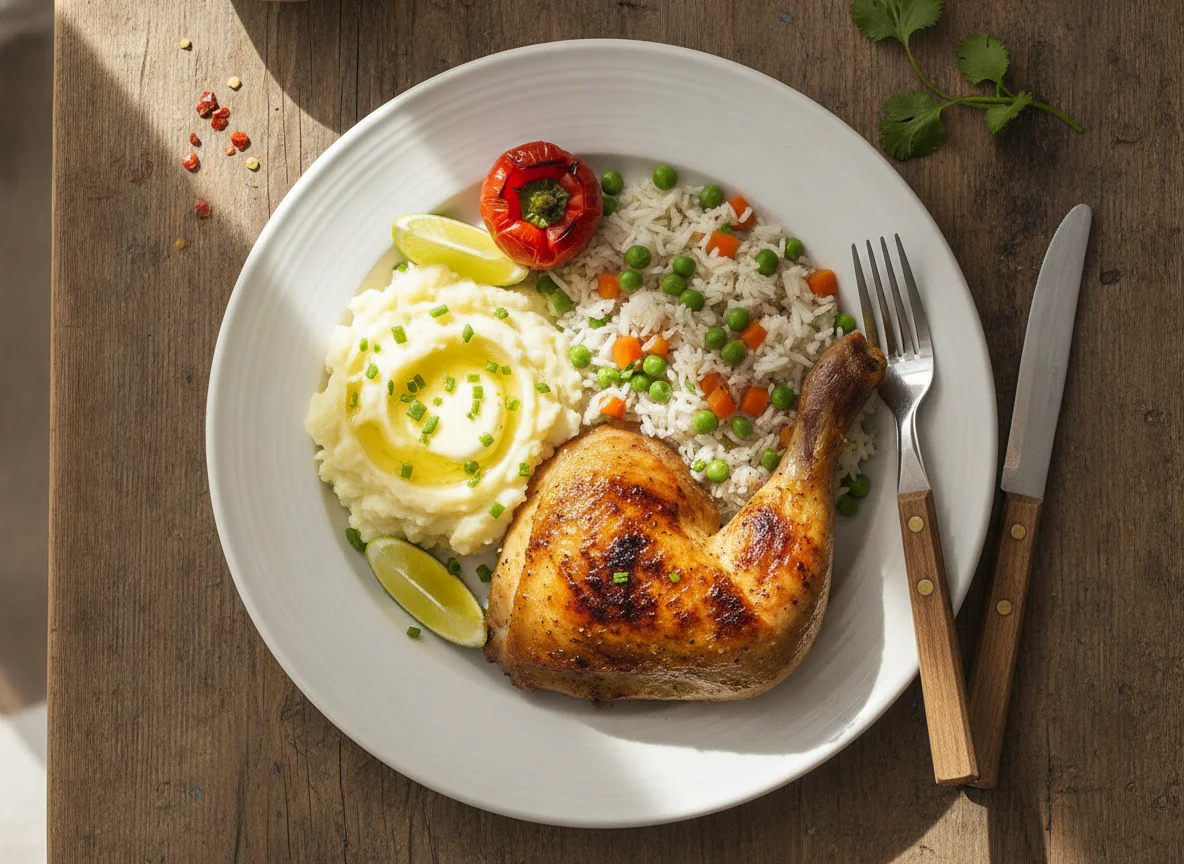 Pollo asado con puré de papas y arroz con vegetales photo