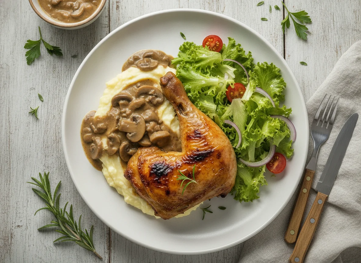 Pollo asado con puré de papas y ensalada photo