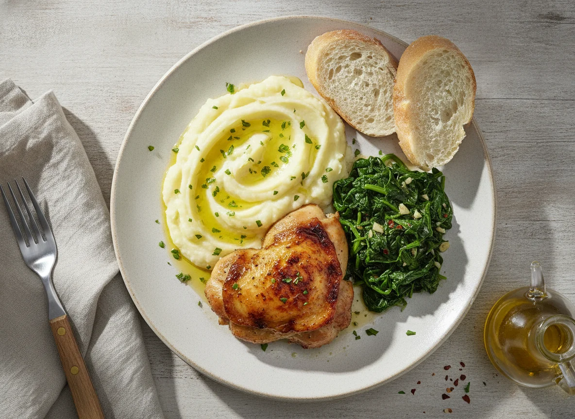 Pollo asado con puré de patatas y espinacas photo