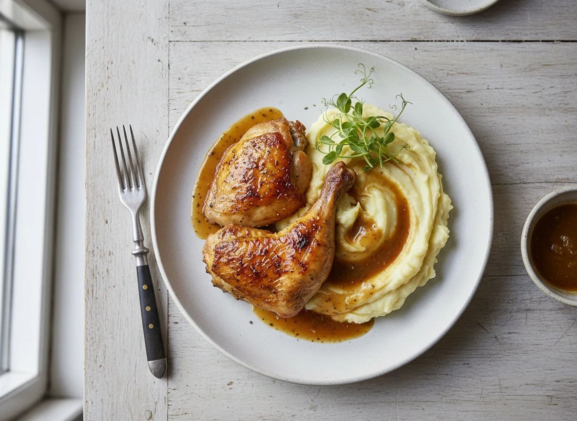 Pollo asado con puré de patatas y salsa photo