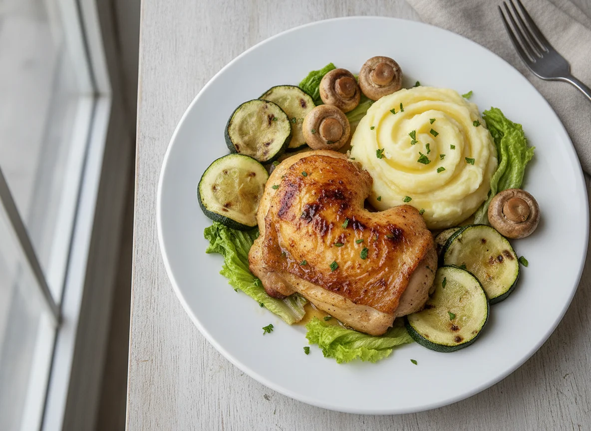 Pollo asado con puré de patatas y verduras photo