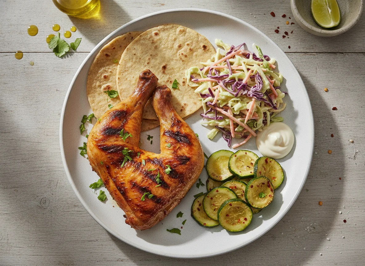 Pollo asado con tortilla, ensalada de repollo y calabacín photo