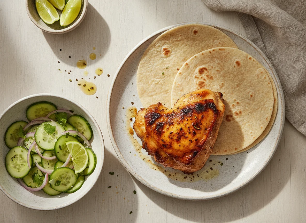 Pollo asado con tortillas y ensalada de pepino photo