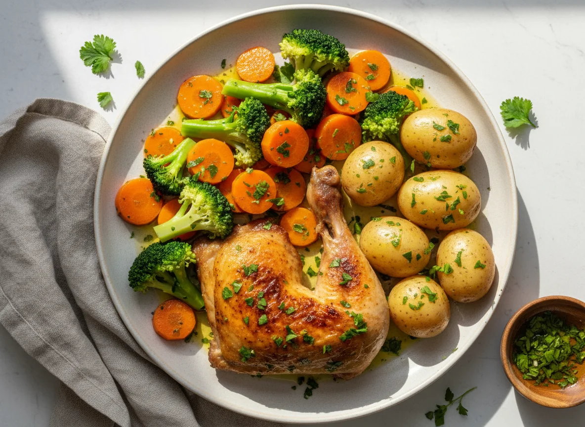 Pollo asado con vegetales al vapor photo
