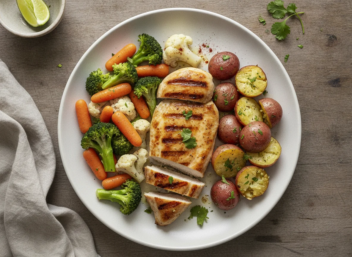 Pollo asado con vegetales al vapor y papas photo