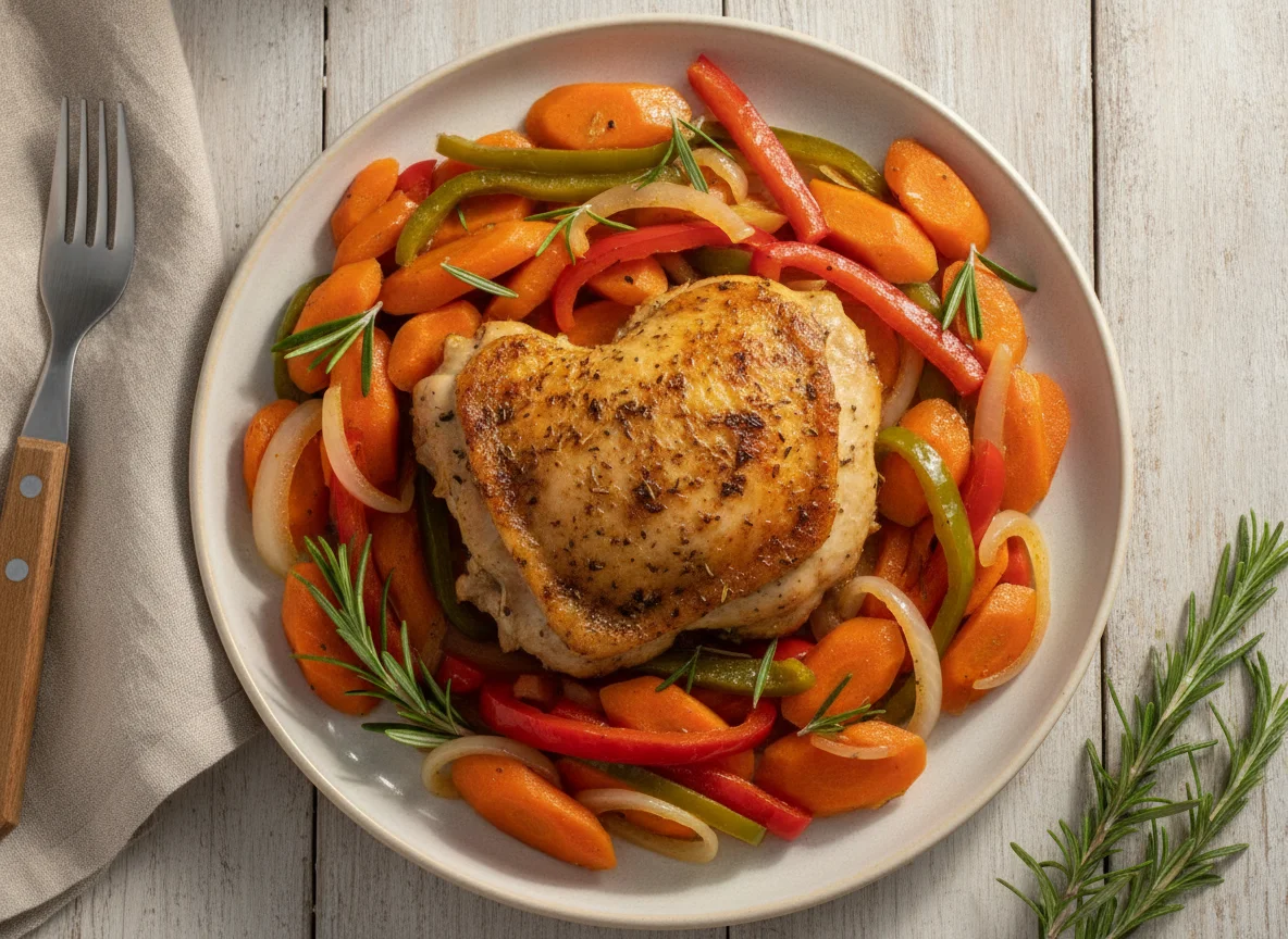 Pollo asado con vegetales salteados photo