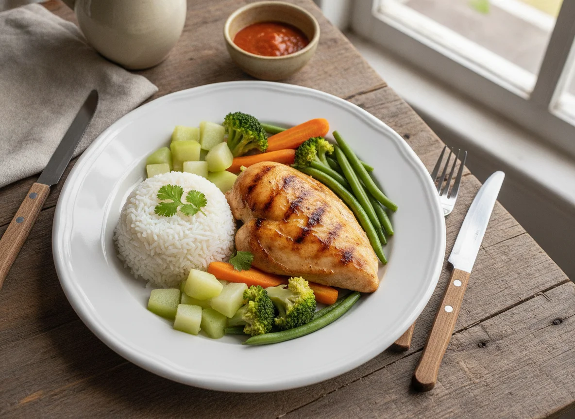 Pollo asado con vegetales y arroz photo