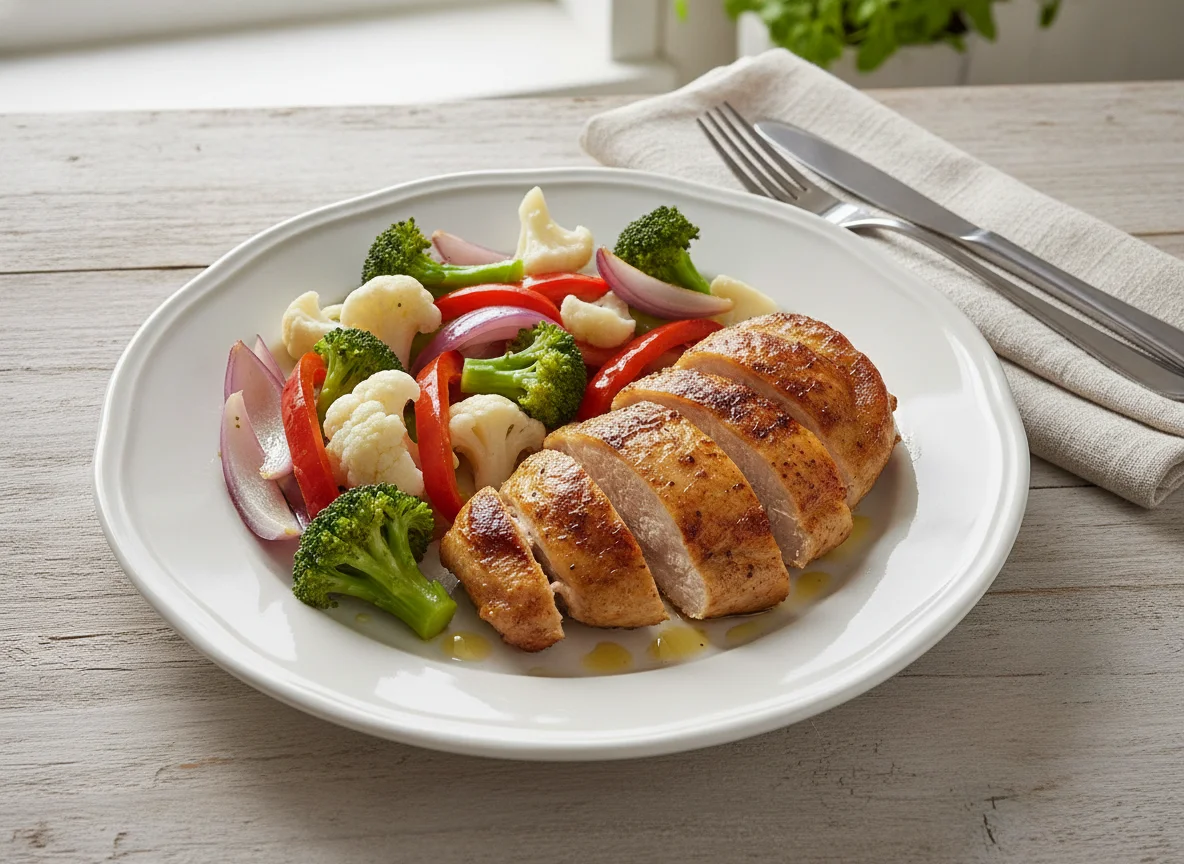 Pollo asado con verduras al vapor photo