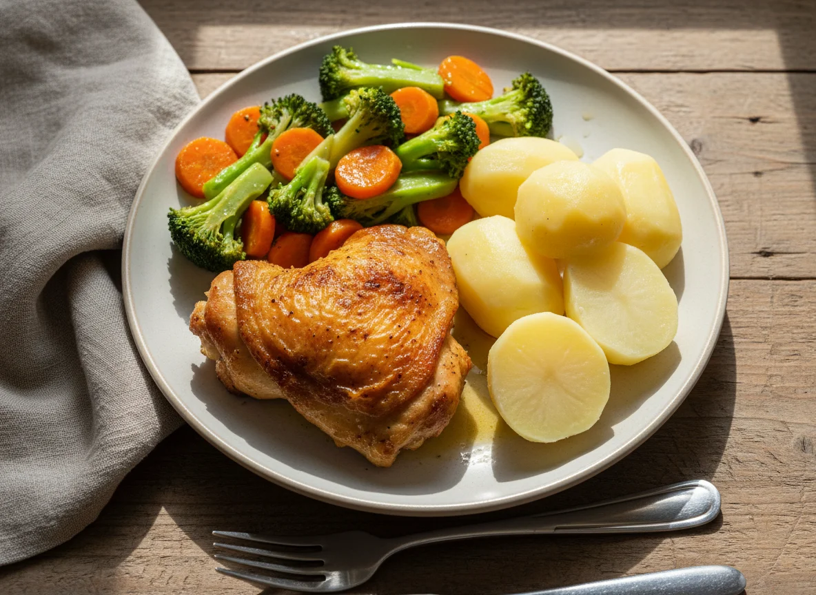 Pollo asado con verduras salteadas y papas cocidas photo