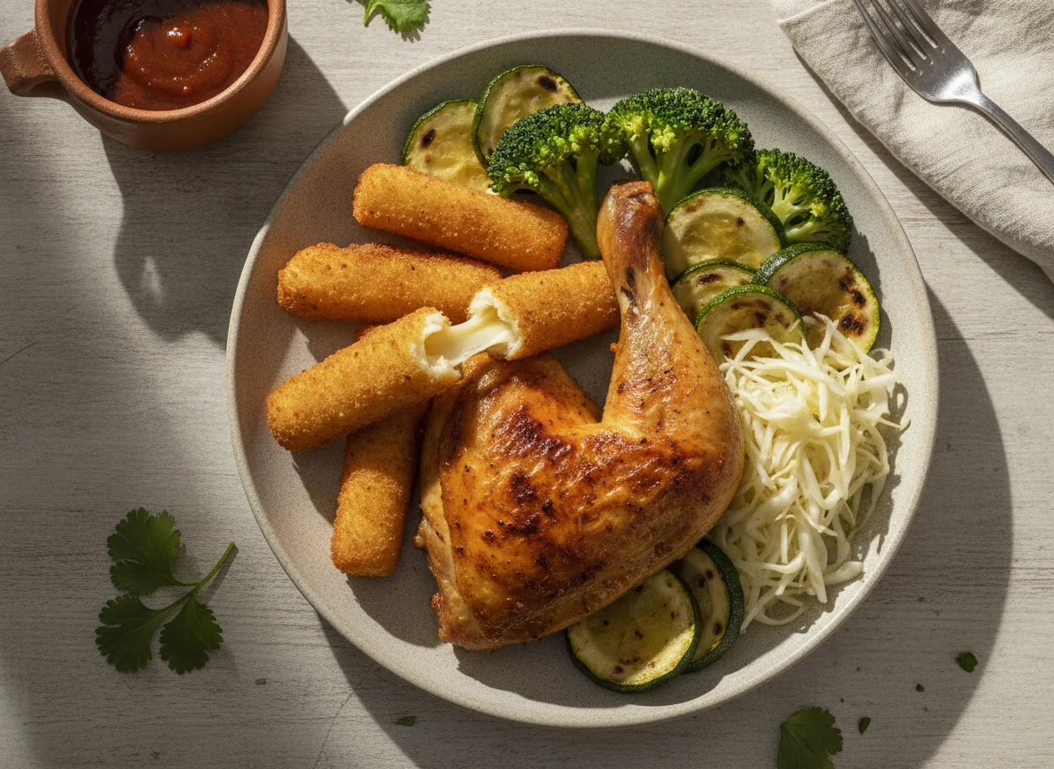 Pollo asado con verduras y dedos de queso photo