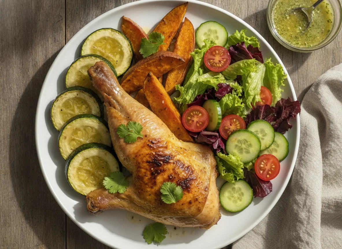Pollo asado con verduras y ensalada photo