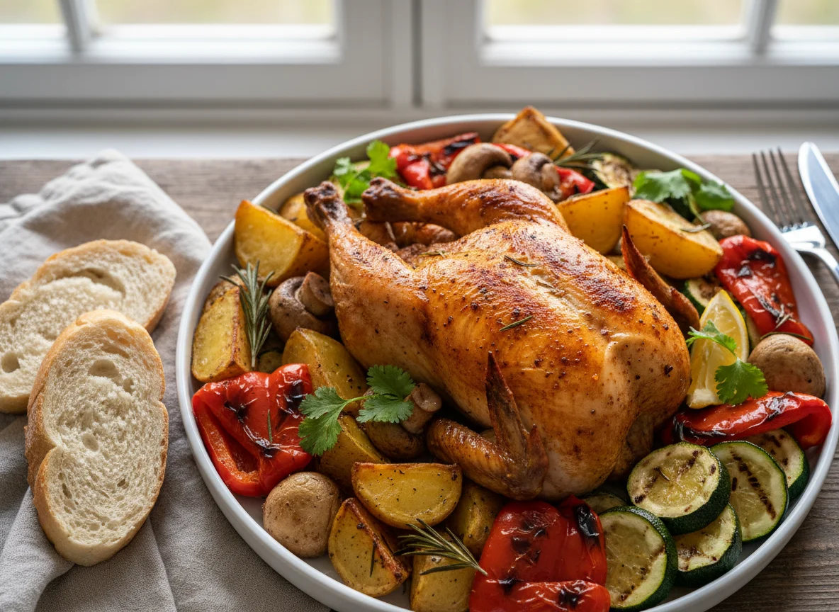 Pollo asado con verduras y pan photo