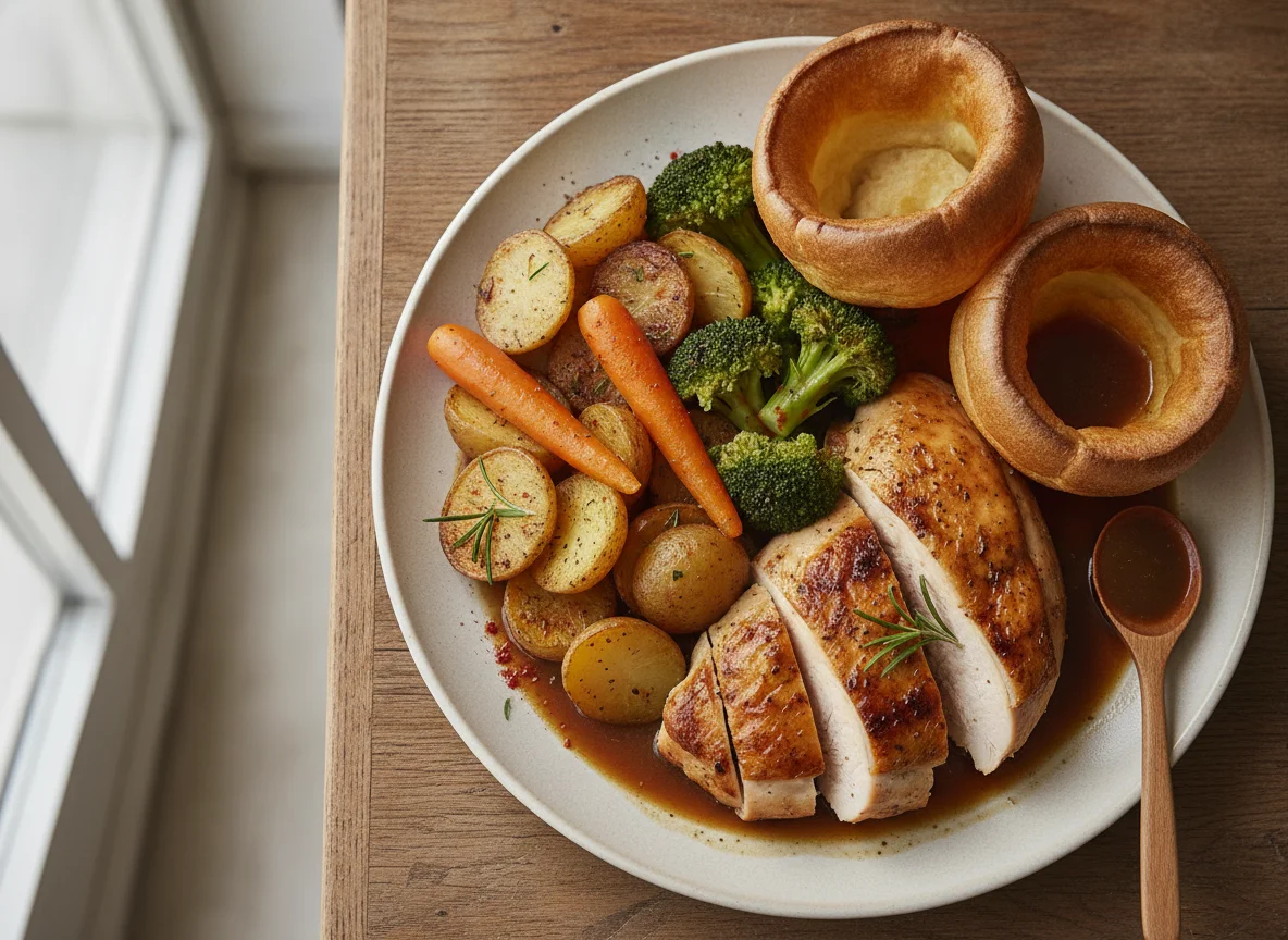 Pollo asado con verduras y pudin de Yorkshire photo