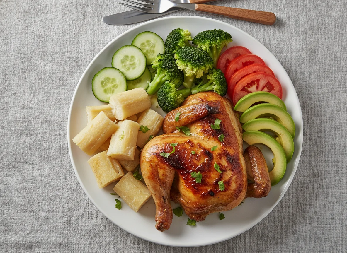 Pollo asado con víveres y vegetales photo