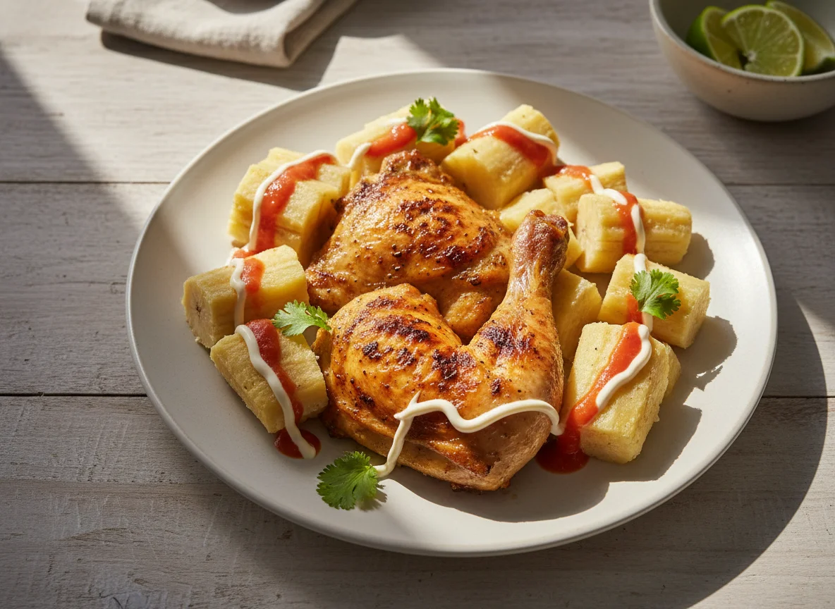 Pollo asado con yuca y plátano photo