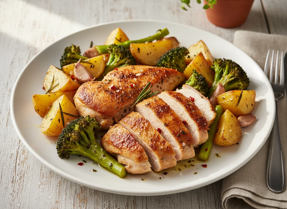 Pollo, brócoli y patatas asadas photo