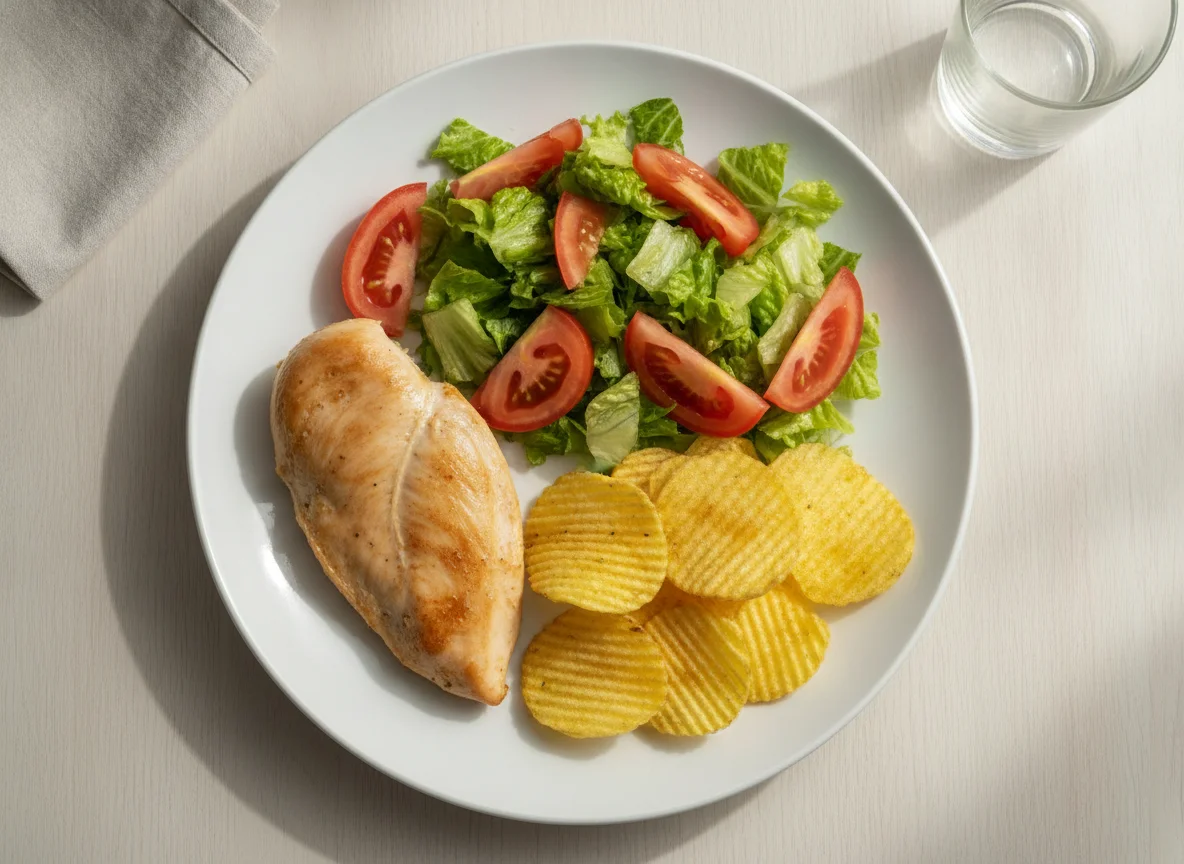 Pollo cocido con ensalada mixta y papas fritas photo