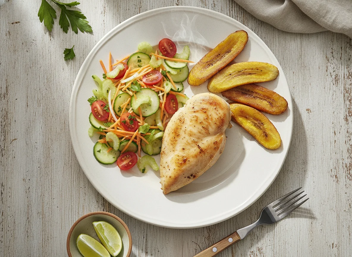 Pollo cocido con plátano maduro y ensalada fresca photo