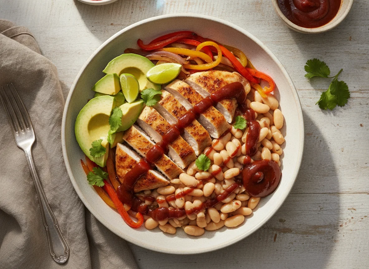 Pollo con aguacate, frijoles y salsa photo