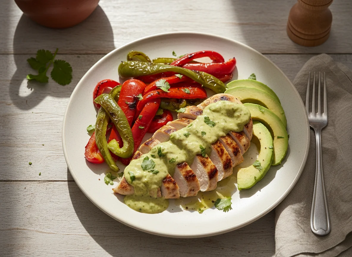 Pollo con aguacate y pimientos asados photo