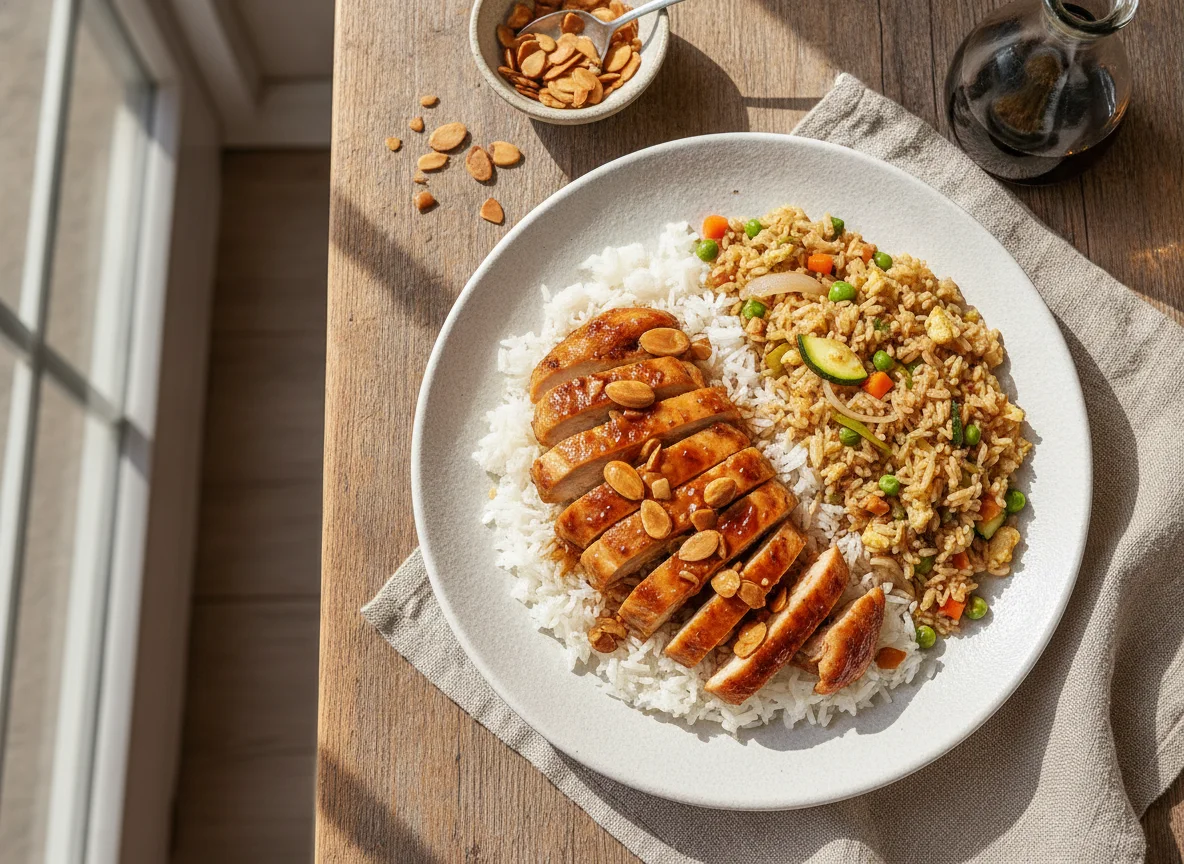 Pollo con almendras y arroz frito tres delicias photo